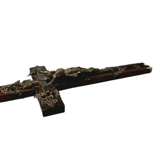 Antique Christian Crucifix used, wood and bronze