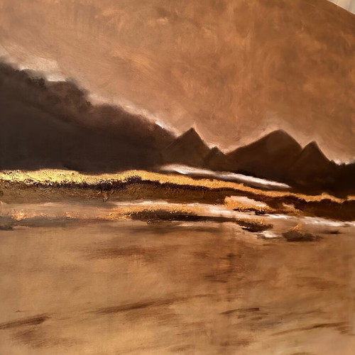 Painting on canvas used, oil paint, 100x100 cm, dark brown and gold