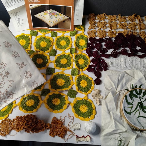 Vintage knitted crafts and embroidery used, assorted pieces