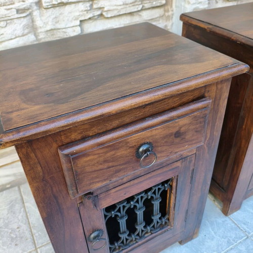 Set of 2 solid wood nightstands with metal details like new