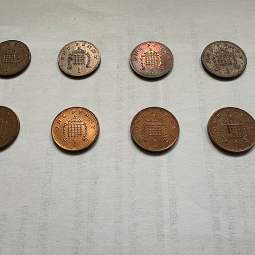 One penny coins used, pack of 8, Great Britain