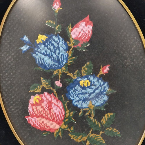 Vintage hand embroidered tapestry used with wooden frame and glass