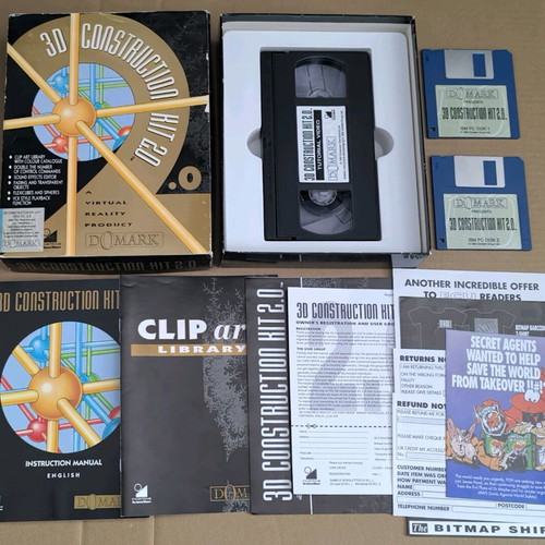 3D Construction Kit 2.0 like new, PC Disks 3.5" and VHS Cassette
