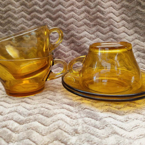 Bormioli VitroSax Italy cups and plates used, set of 5, vintage '70