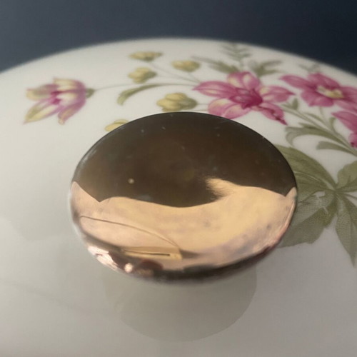 Vintage Winterling Marktleuthen porcelain covered bowl used, pink clematis and gold