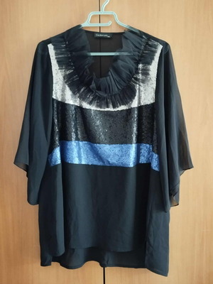 Black asymmetrical blouse with sheer panels, sequins and tulle, 2 XL