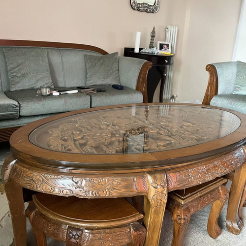 Chinese carved wooden coffee table set with six stools and four nesting tables like new