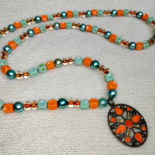 Handmade orange and green color long necklace and earrings set
