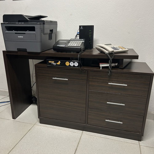 Office furniture set with wardrobe, drawers and support unit, dark wood