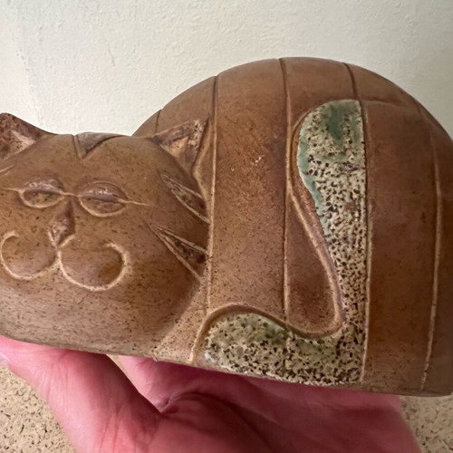 Vintage ceramic cat piggy bank used, Mid-Century Modern
