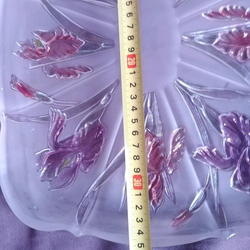 Walther glass platter with purple and rose embossed flowers like new