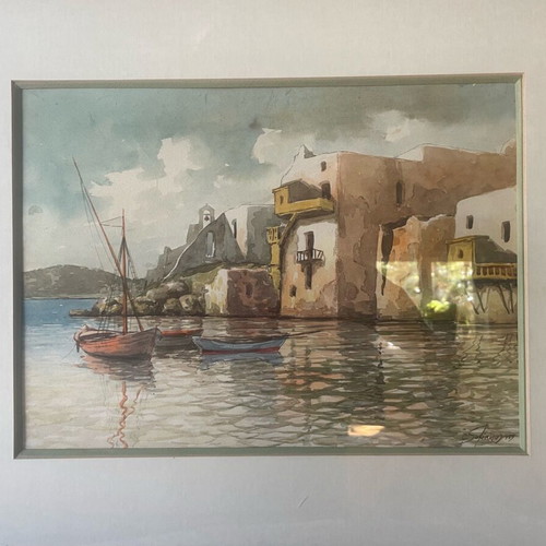 Watercolor by Konstantinos Sofianopoulos Island Landscape with Chapel and Boats framed