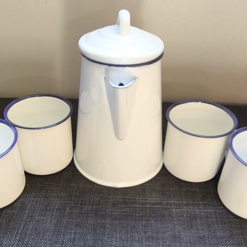 Vintage enamel coffee set with original box, pot and 4 mugs