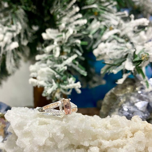 Handmade silver ring with natural watermelon tourmaline and moissanite, new