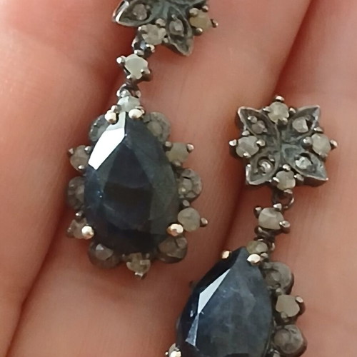 Earrings with genuine diamonds and sapphires, 925 silver and 9k gold, no clasp