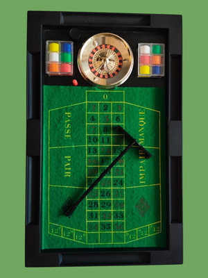 Retro tabletop roulette set used with chips and box
