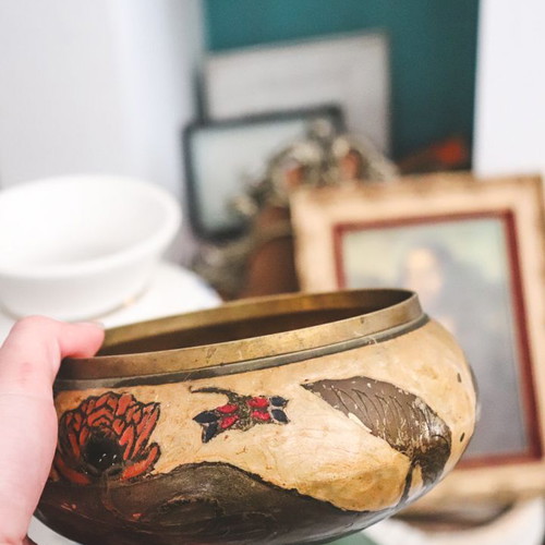 Vintage brass decorative bowl with lid used, handmade