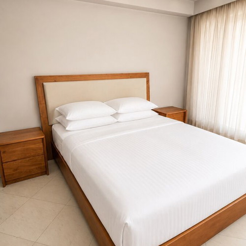 Natural Wood Bed with Suede Headboard and Mattress