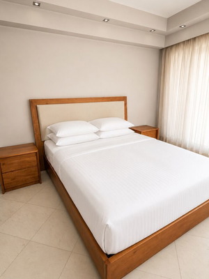 Natural Wood Bed with Suede Headboard and Mattress