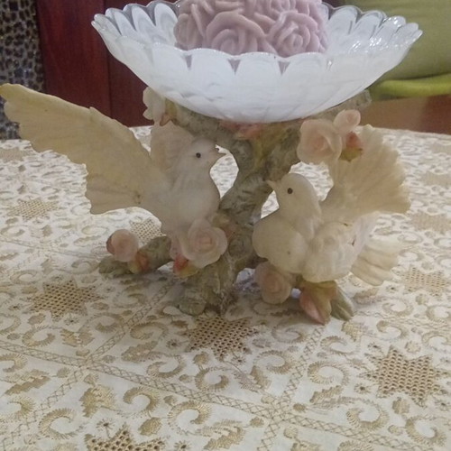 Candlestick with two clay doves and glass container like new