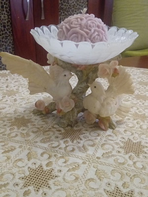 Candlestick with two clay doves and glass container like new