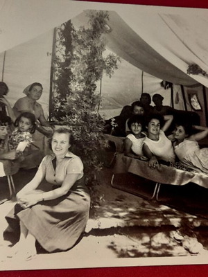 Group of Women in Camping Tent Vintage Photo 1950-1960