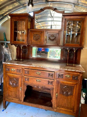 Art Deco Antique Walnut Buffet with Marble and Mirrors, Used