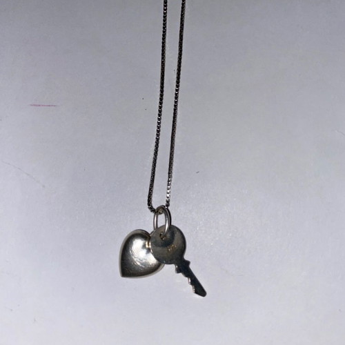 Silver necklace with heart and key used