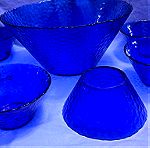  Μπολ/ σαλατιερα/φρουτιερα και 6 μπολακια Arcoroc "Vercors" sapphire/cobalt blue France 1970-1980