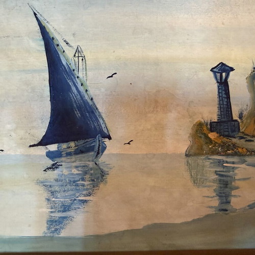 Vintage seascape painting with carved wooden frame like new
