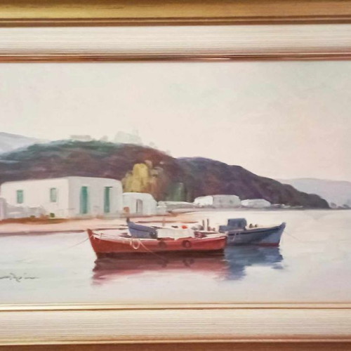 Oil painting on canvas by D. Dimitriou in excellent condition with large frame