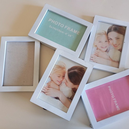 Photo frame set of 5 used, 10x15 cm, hangs and stands, missing glass
