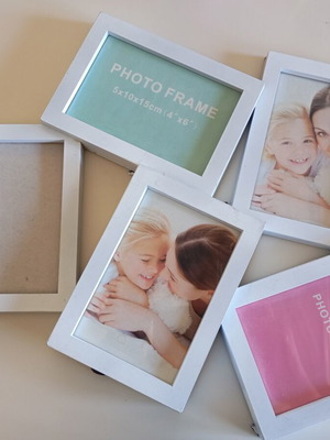 Photo frame set of 5 used, 10x15 cm, hangs and stands, missing glass