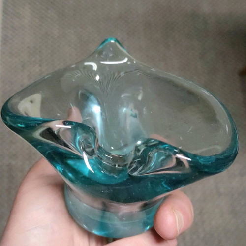 Art Glass Bohemia Bowl Ashtray used, Czech vintage turquoise