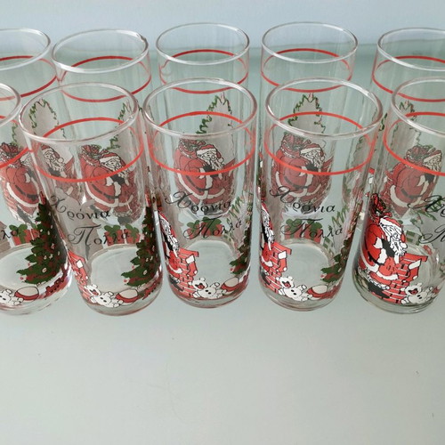 Vintage glass collection used, set of 10 with Santa Claus and Christmas tree