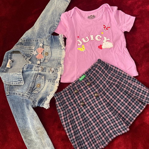Baby clothing set for girl 18-24 months, checked skirt, pink top and denim bolero with fringes like new