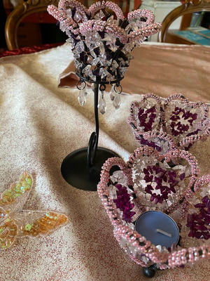 Candle holders like new with purple and pink acrylic beads