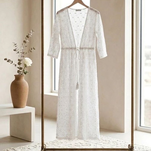 Pink Woman Lace Long Kimono Tunic size S/M like new, white