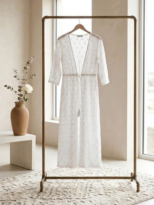 Pink Woman Lace Long Kimono Tunic size S/M like new, white