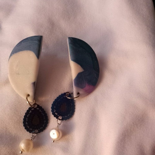 Handmade clay earrings new, white and blue