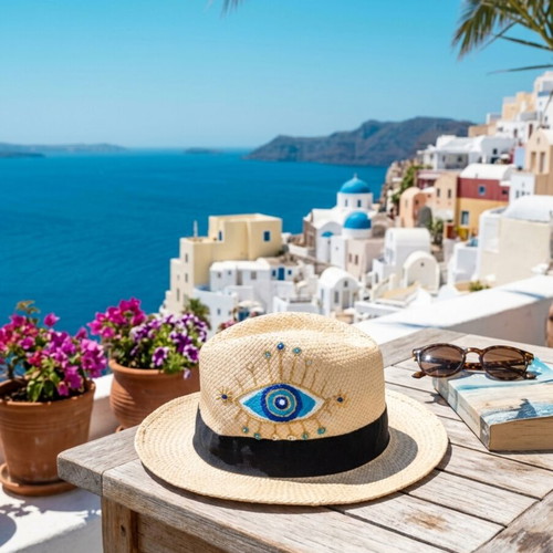 Handmade straw hat with blue and gold acrylic painting