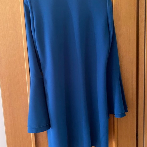 Tenax crepe dress like new, long sleeved with ruffles, petrol green