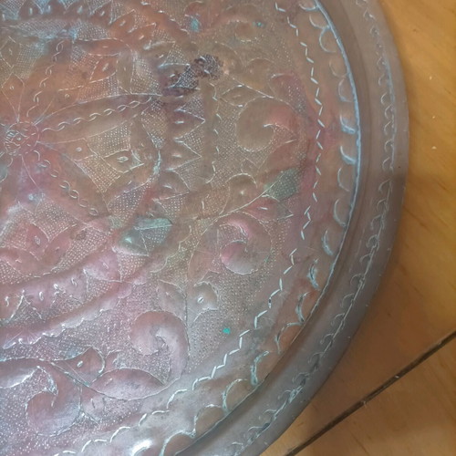Copper tray used, engraved, 60 cm diameter