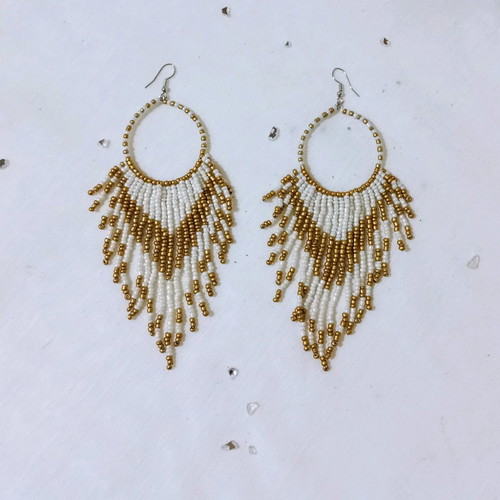 Long boho earrings new with white and gold beads