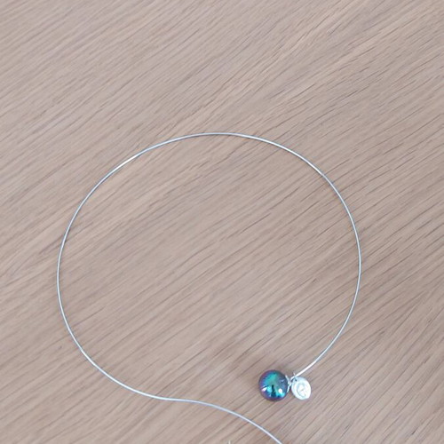 Steel Necklace with Iridescent Purple Pearls new