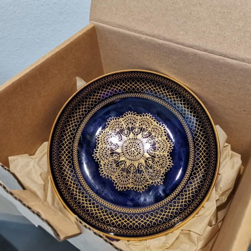 Glass decorative plate used, vintage blue with gold designs