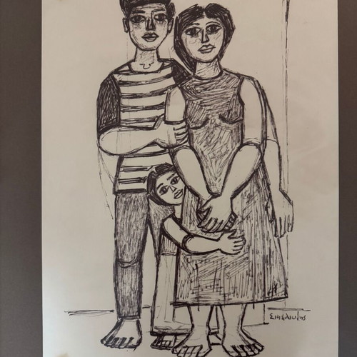 Lithograph Couple with Girl used, Giorgos Sikeliotis