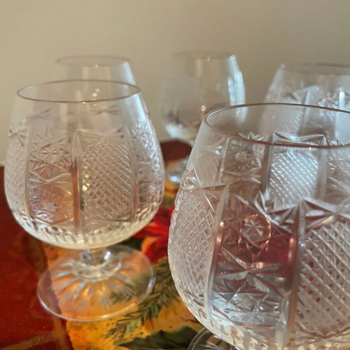 Crystal brandy glasses new, set of 6 with vintage pattern