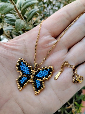 Steel butterfly necklace with miyuki custom order, blue and gold