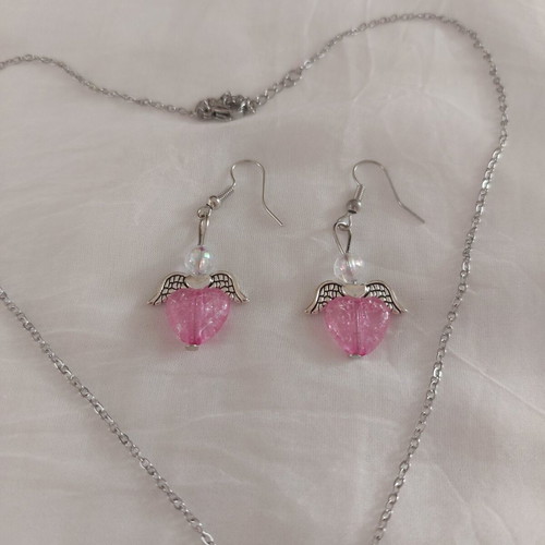 Pink Angel jewelry set with necklace and earrings, handmade